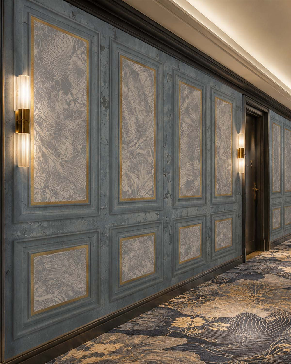 Gunmetal Grey Vintage Palm & Paneled  Mural M3113