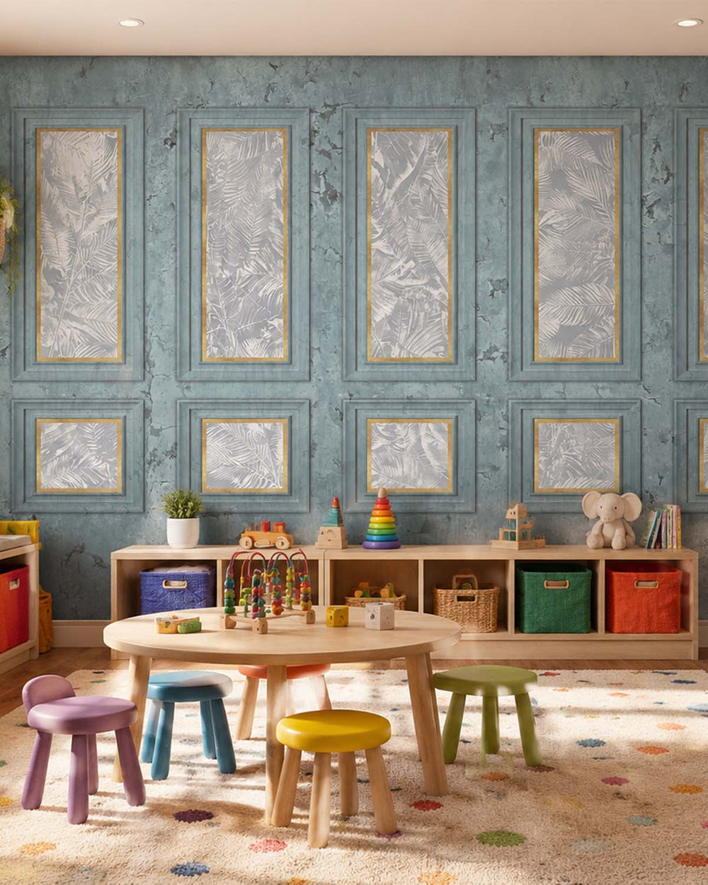Gunmetal Grey Vintage Palm & Paneled  Mural M3113
