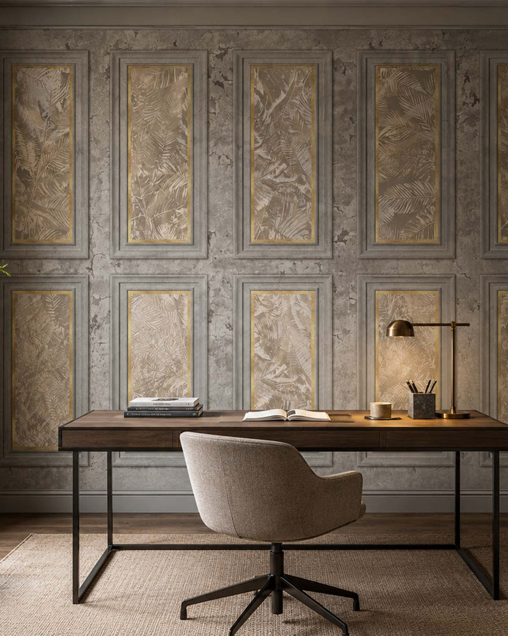 Desert Taupe Vintage Palm & Paneled  Mural M3114