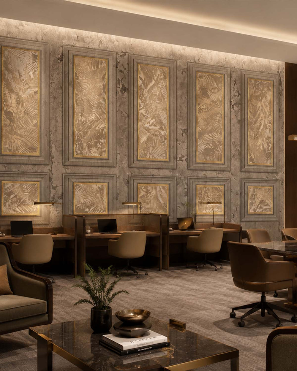 Desert Taupe Vintage Palm & Paneled  Mural M3114