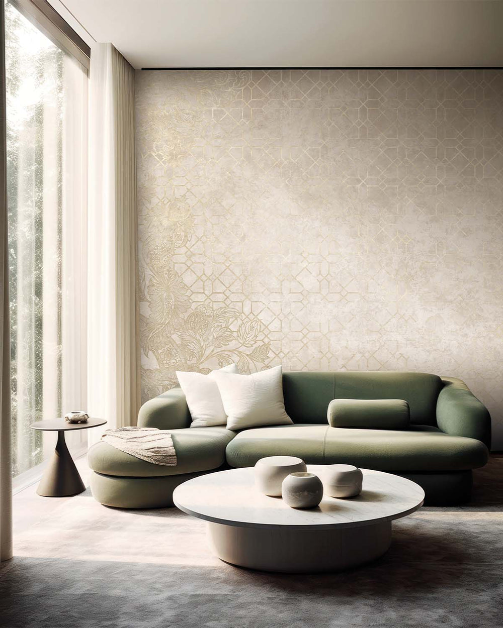 Frosted Almond Antique Geometric & Floral Mural M3115