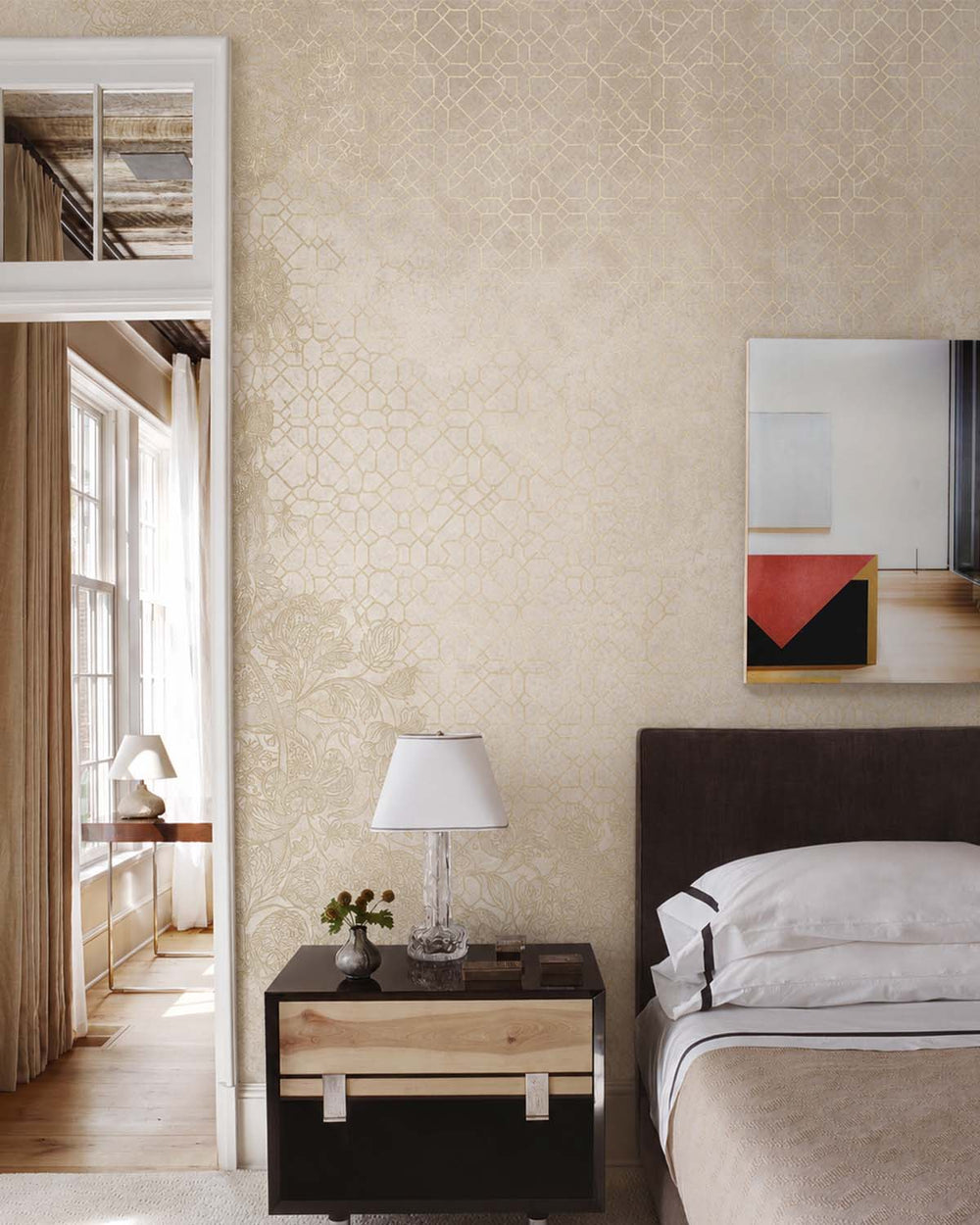 Frosted Almond Antique Geometric & Floral Mural M3115