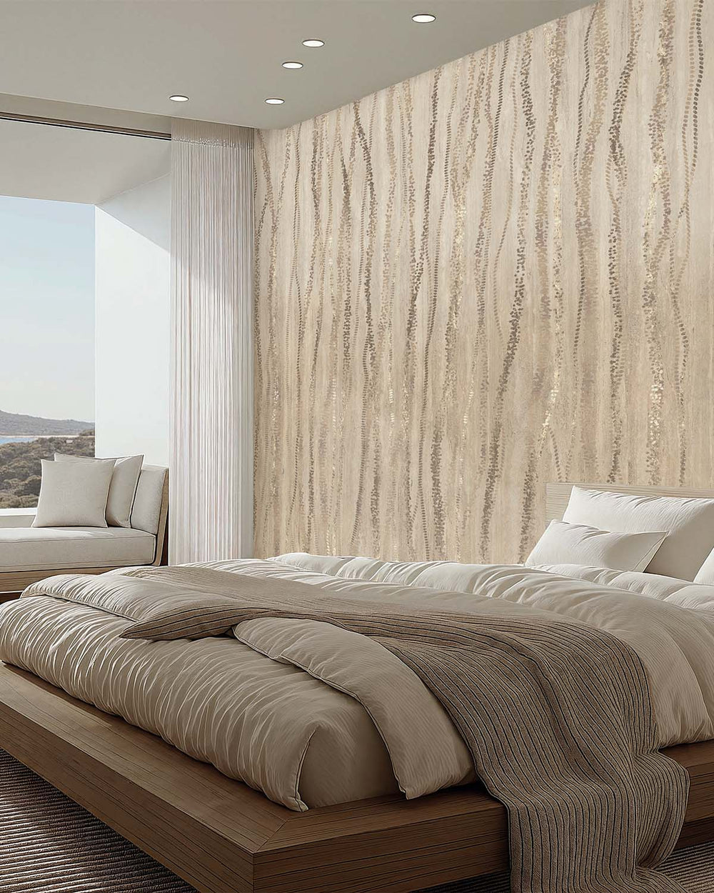 Best Beige Metallic Wavy Line Mural M3118