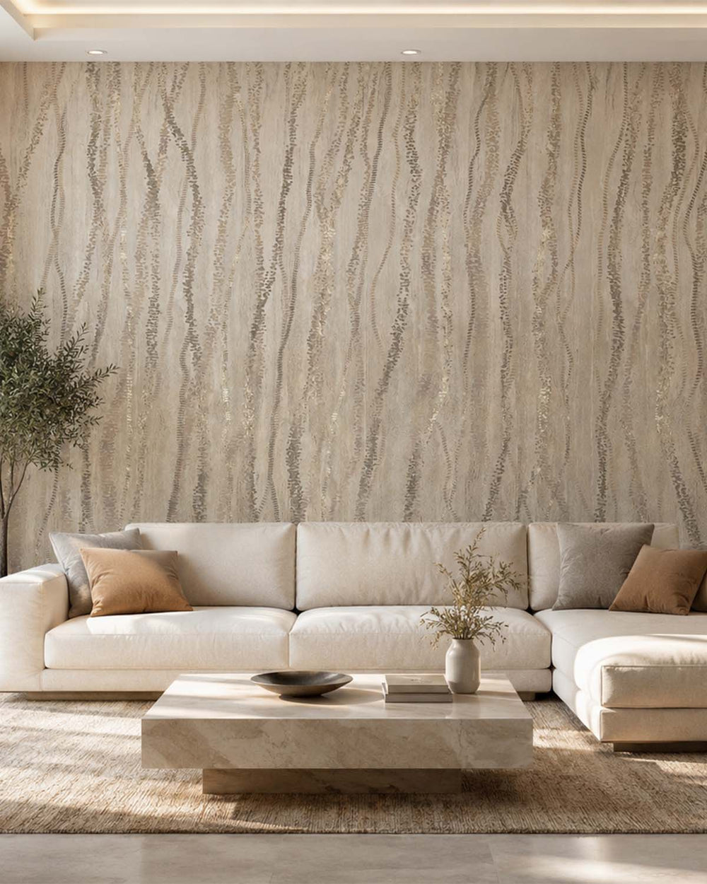 Best Beige Metallic Wavy Line Mural M3118