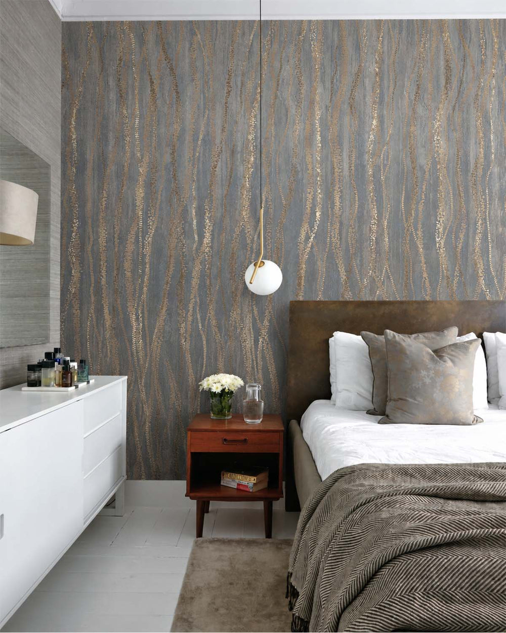 Namara Grey Metallic Wavy Line Mural M3119
