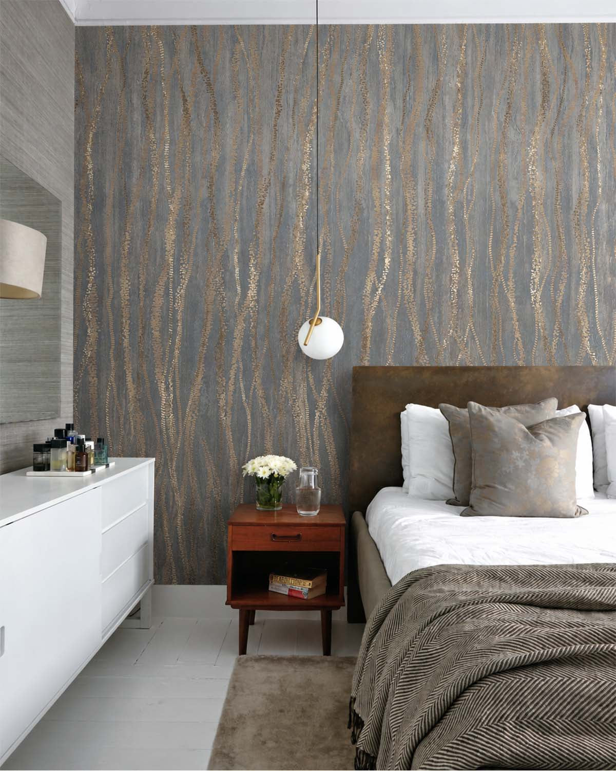 Namara Grey Metallic Wavy Line Mural M3119