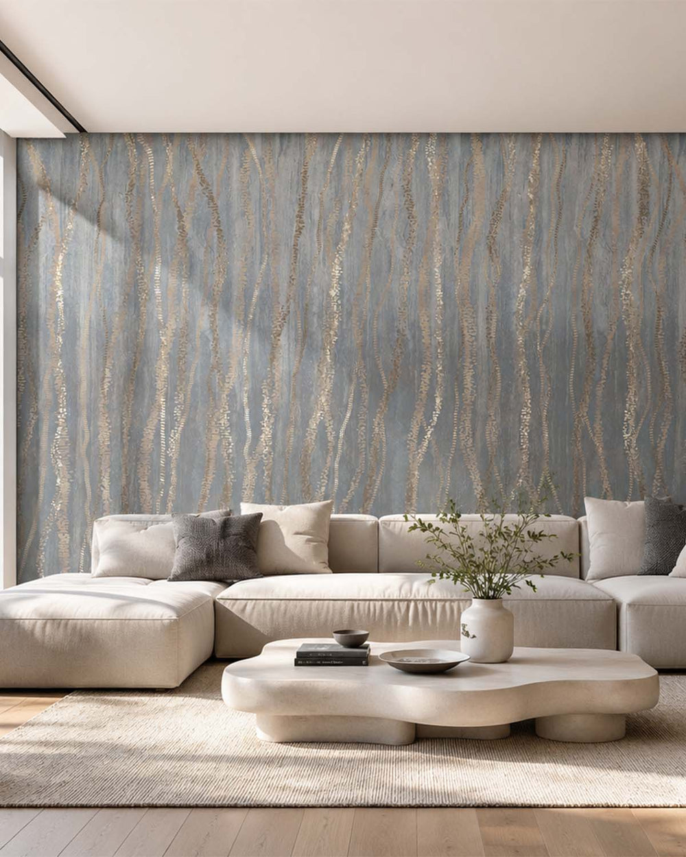 Namara Grey Metallic Wavy Line Mural M3119