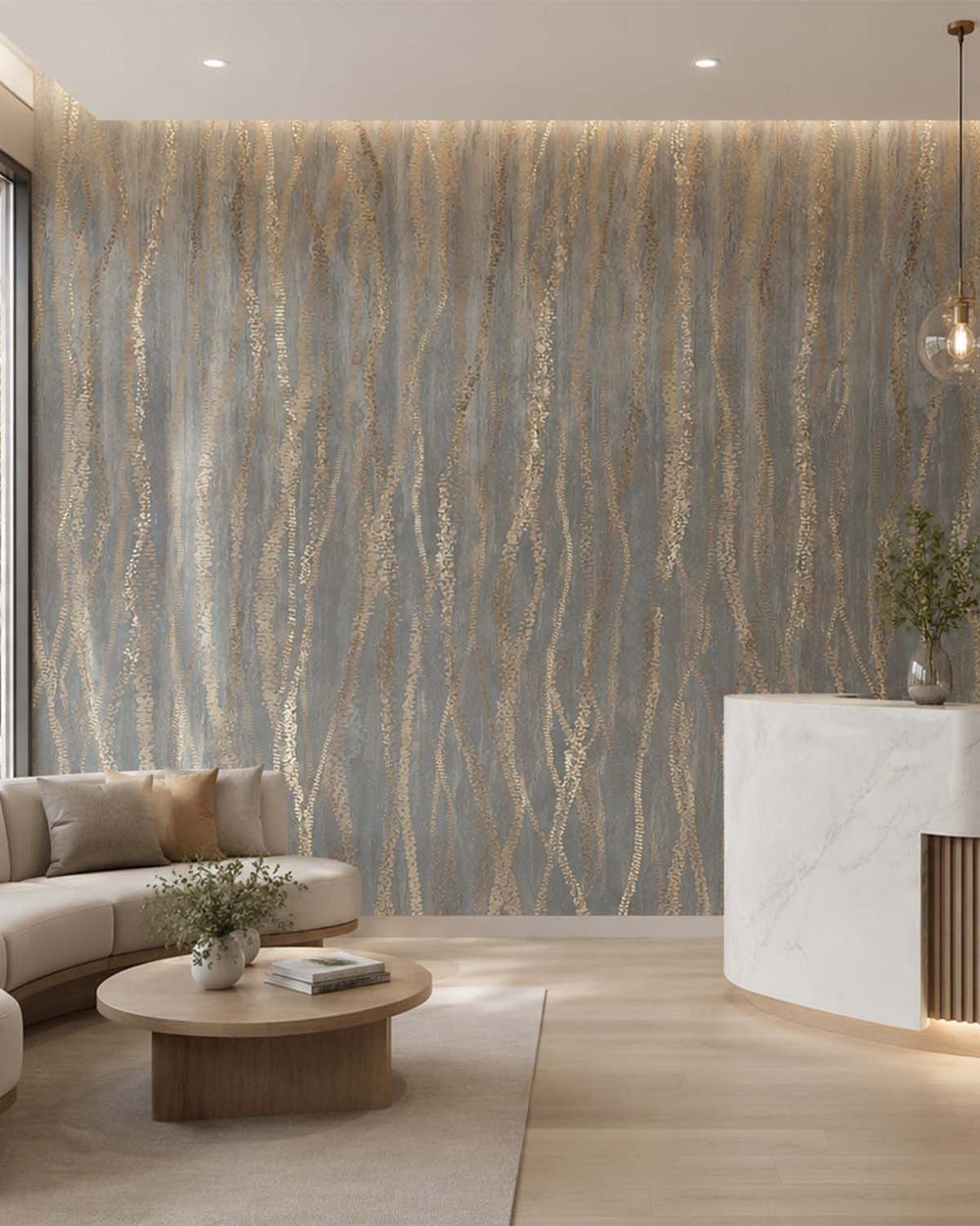 Namara Grey Metallic Wavy Line Mural M3119