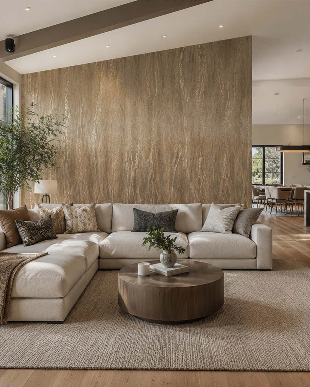Pastel Brown Metallic Wavy Line Mural M3120