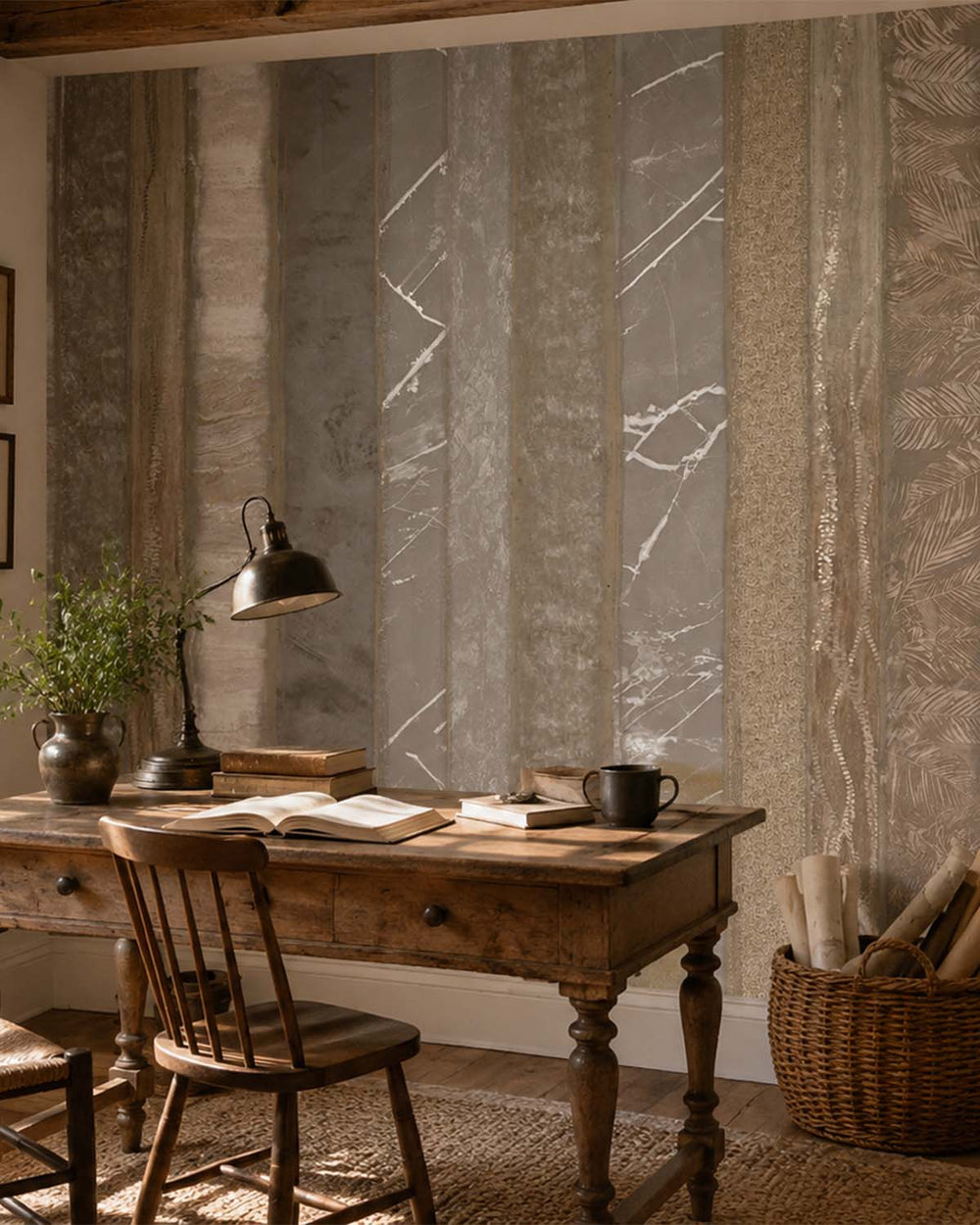 Greyish Brown Mixed Marble and Floral Striped Mural M3130
