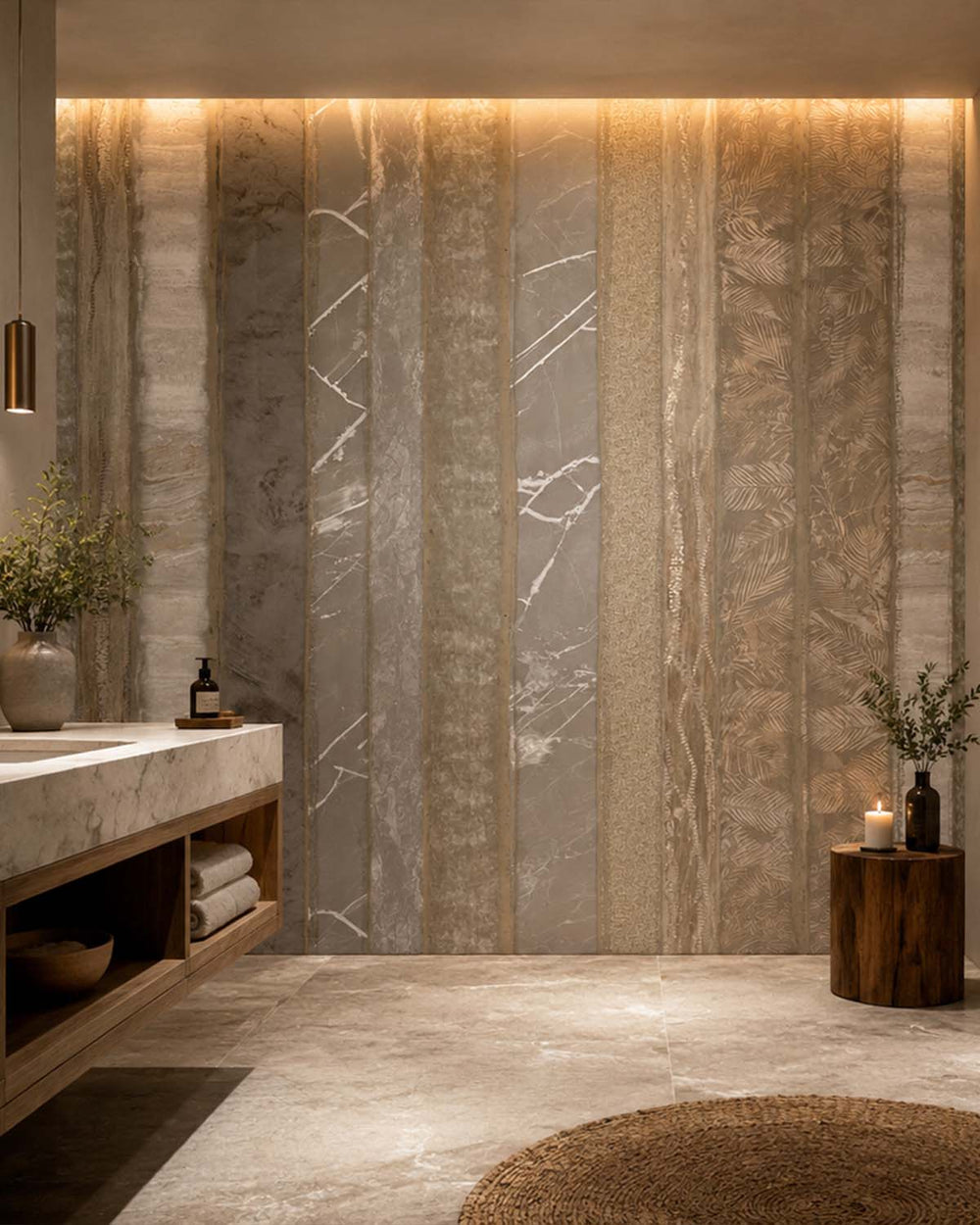 Greyish Brown Mixed Marble and Floral Striped Mural M3130