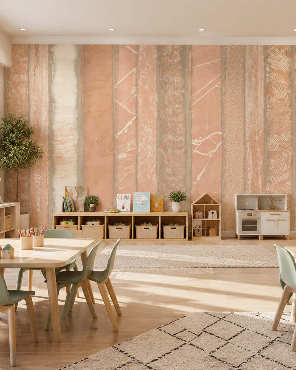 Caramel Ice Mixed Marble and Floral Striped Mural M3131