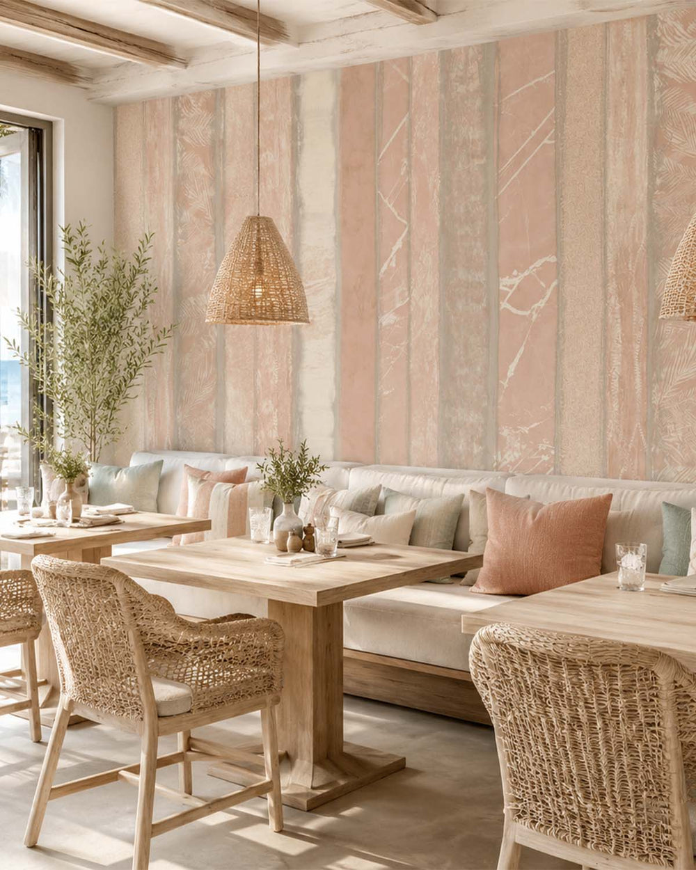 Caramel Ice Mixed Marble and Floral Striped Mural M3131