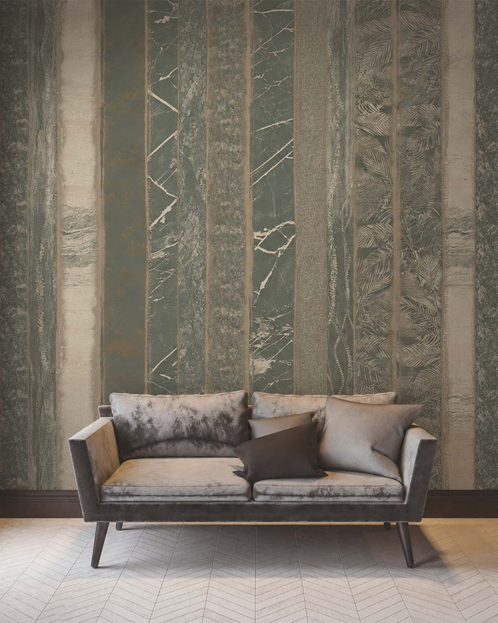 Smoky Slate Mixed Marble and Floral Striped Mural M3132