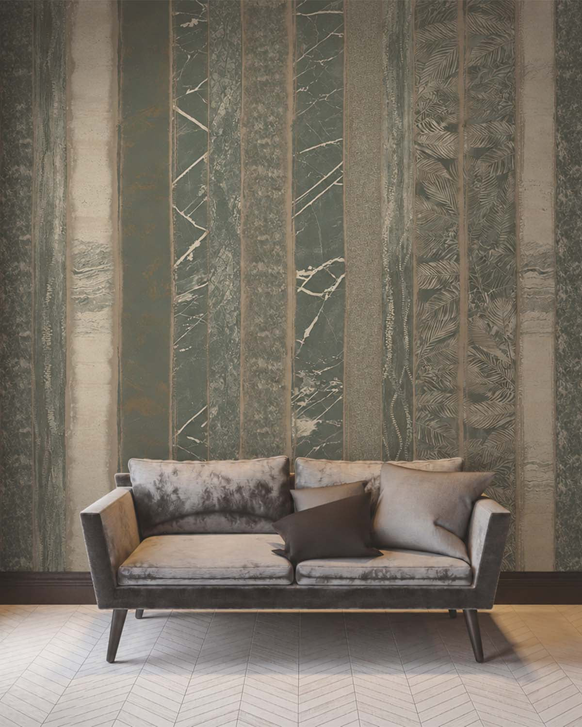 Smoky Slate Mixed Marble and Floral Striped Mural M3132