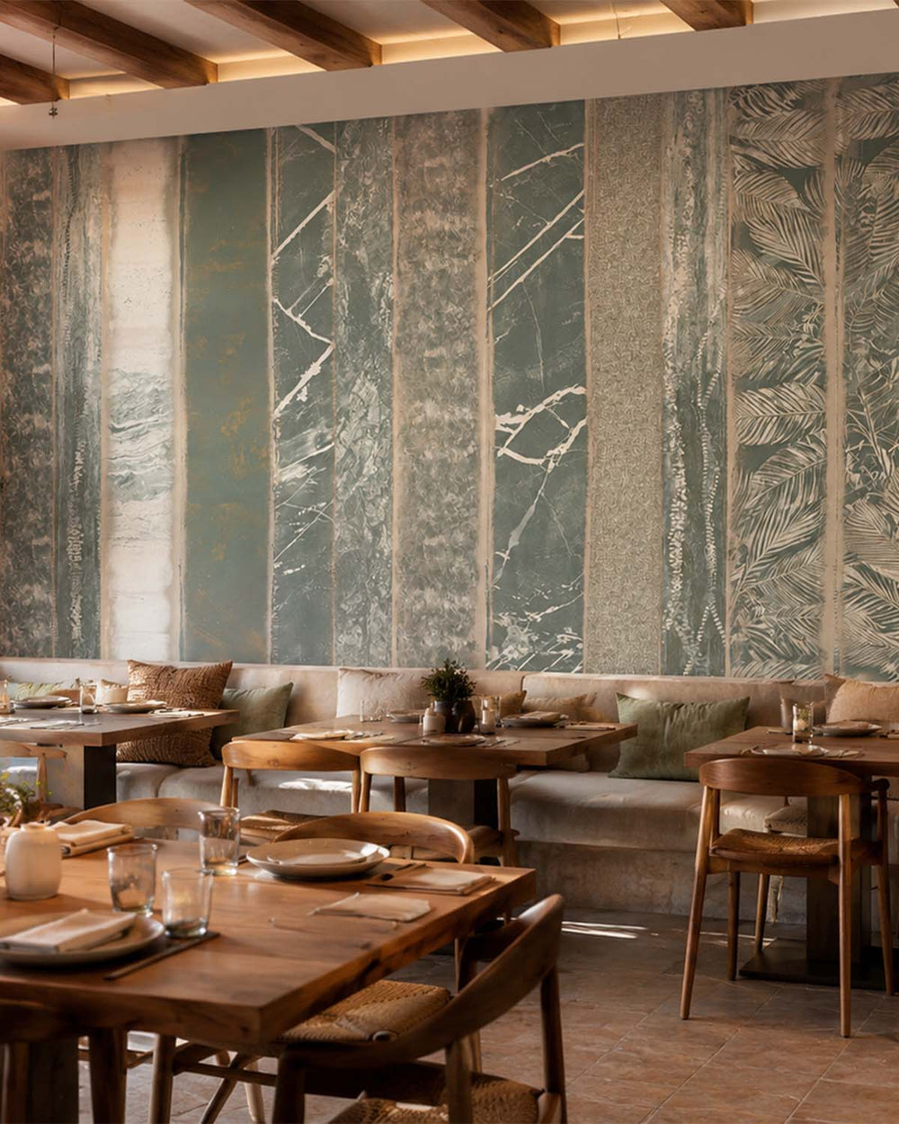 Smoky Slate Mixed Marble and Floral Striped Mural M3132