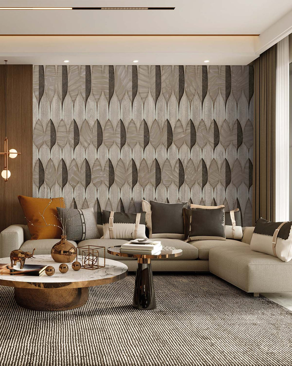 Aldabra Gray Modern Nordic Stylized Leaf Pattern Mural M3133
