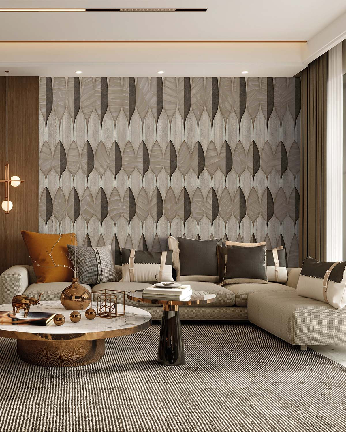 Aldabra Gray Modern Nordic Stylized Leaf Pattern Mural M3133