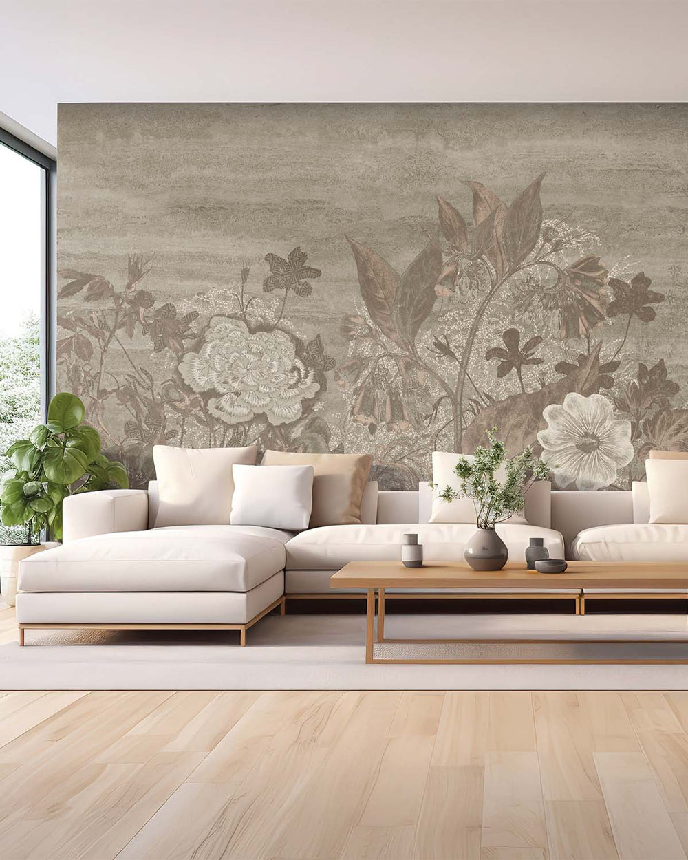 Silver Sage Vintage Sketch Floral Mural M3136