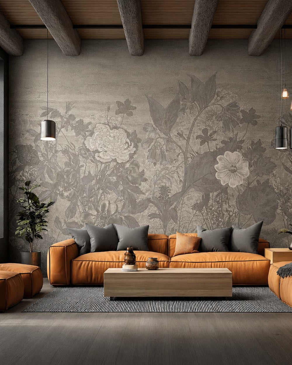 Simmering Smoke Vintage Sketch Floral Mural M3137