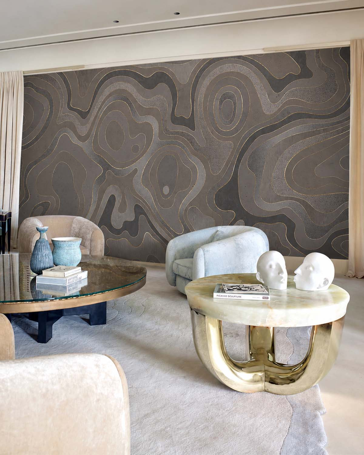 Antique Silver Abstract Tidal Topography Mural M3144