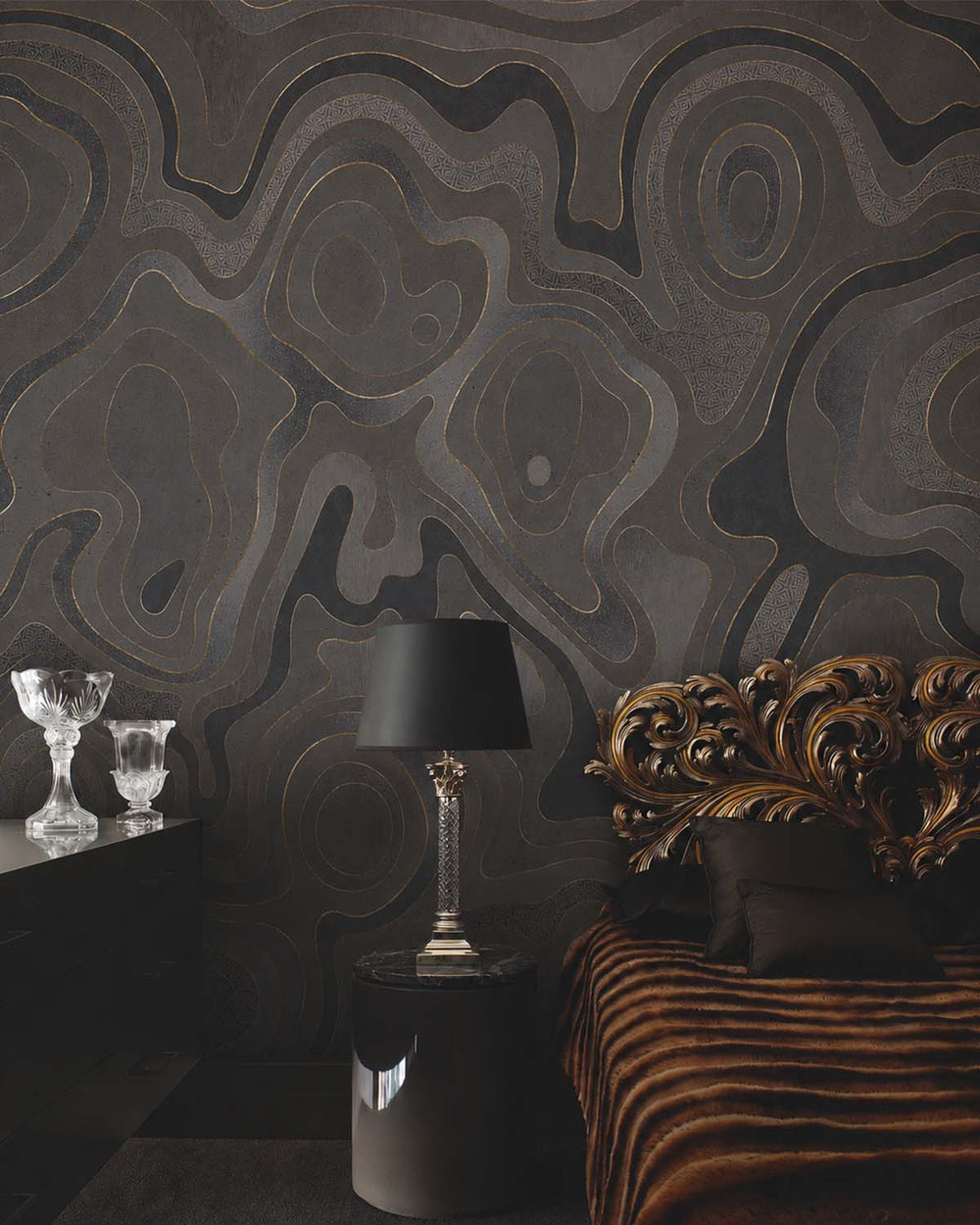 Antique Silver Abstract Tidal Topography Mural M3144
