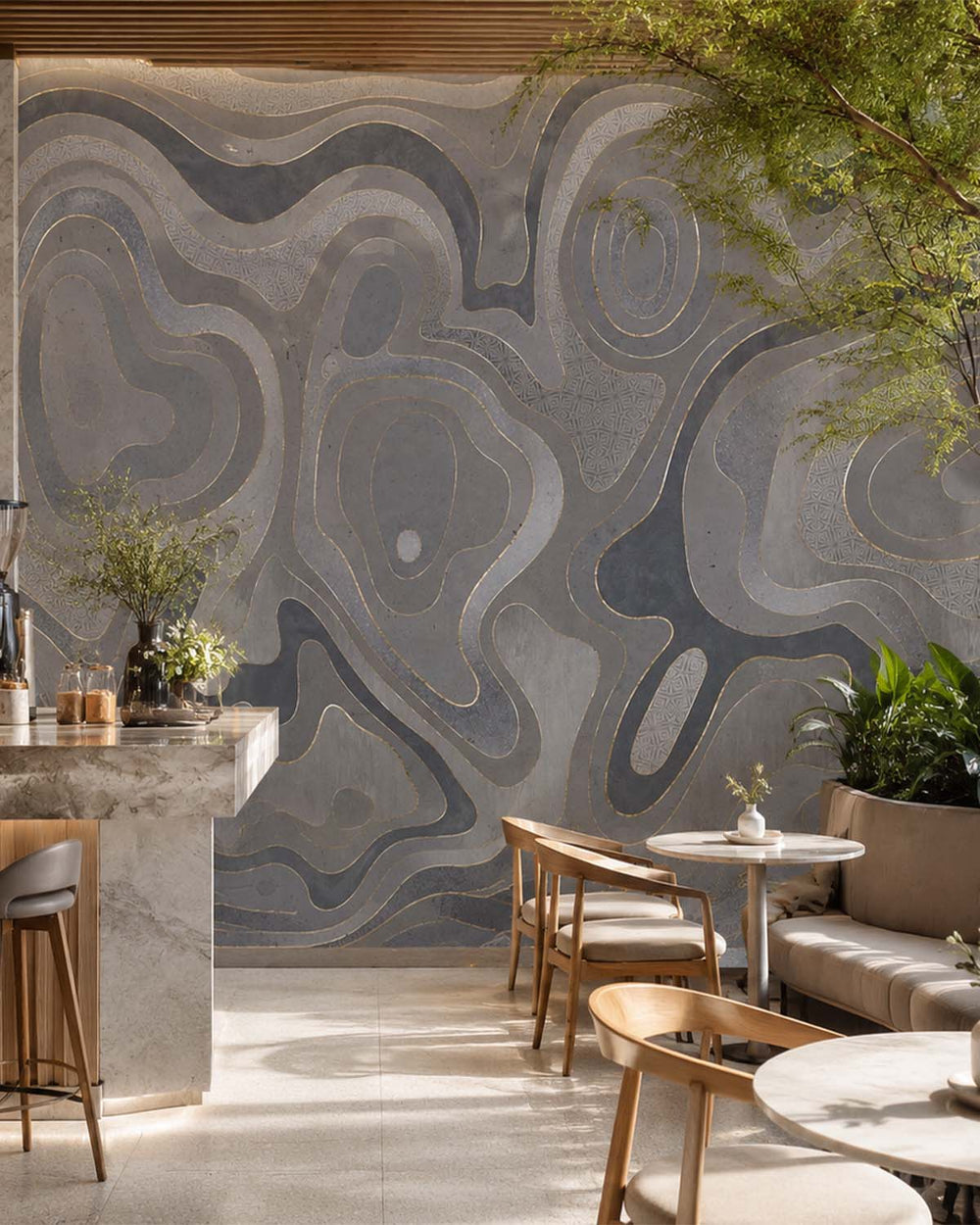 Antique Silver Abstract Tidal Topography Mural M3144