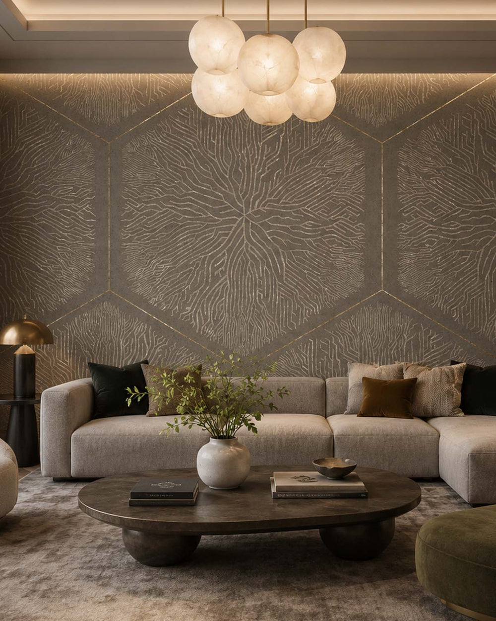 Bronze Olive Geometric Hexagonal Nature Mural M3145