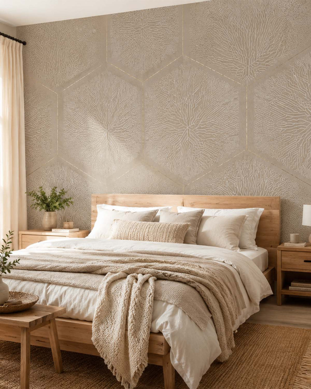 Pale Oyster Geometric Hexagonal Nature Mural M3146