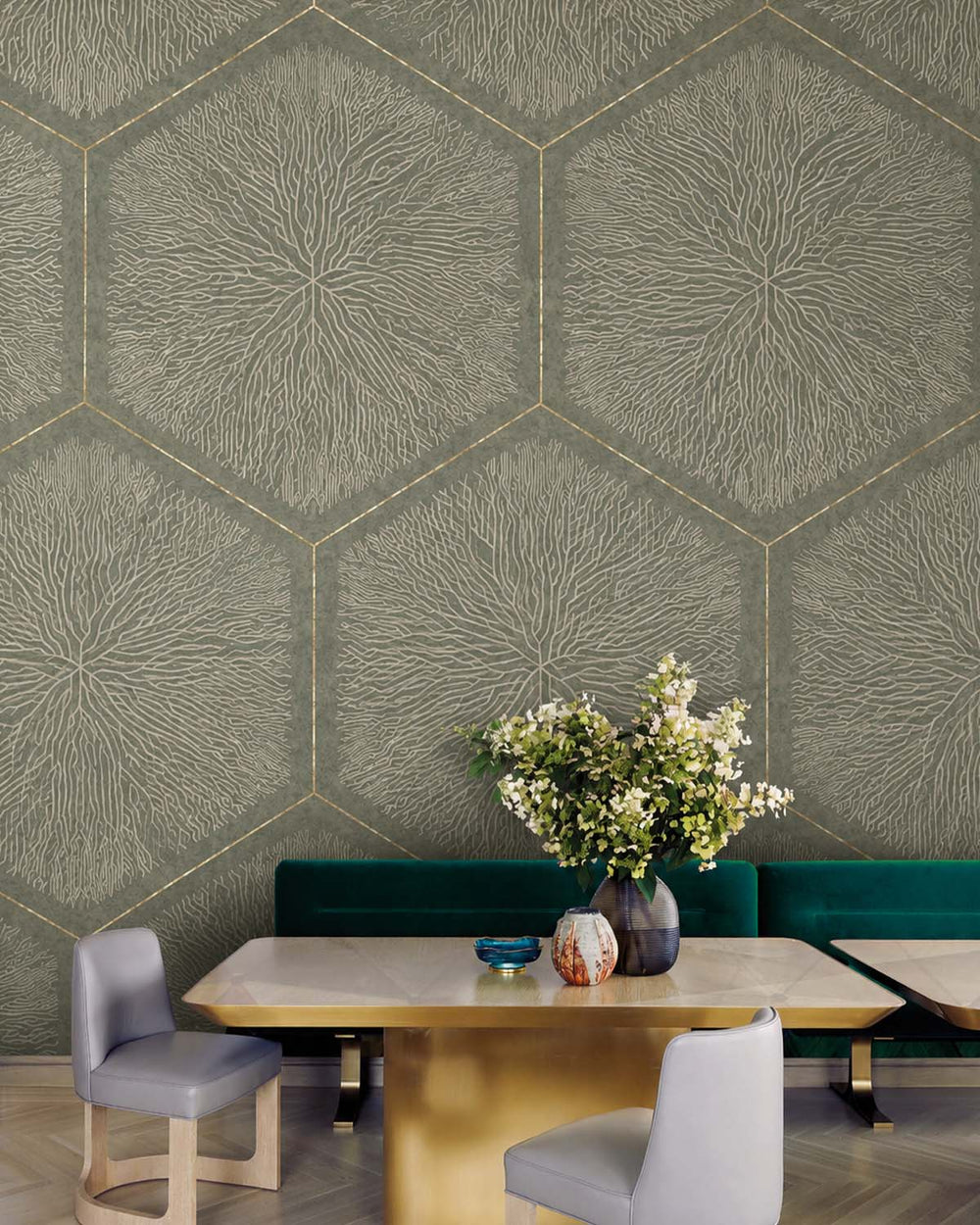 Grey Porcelain Geometric Hexagonal Nature Mural M3147