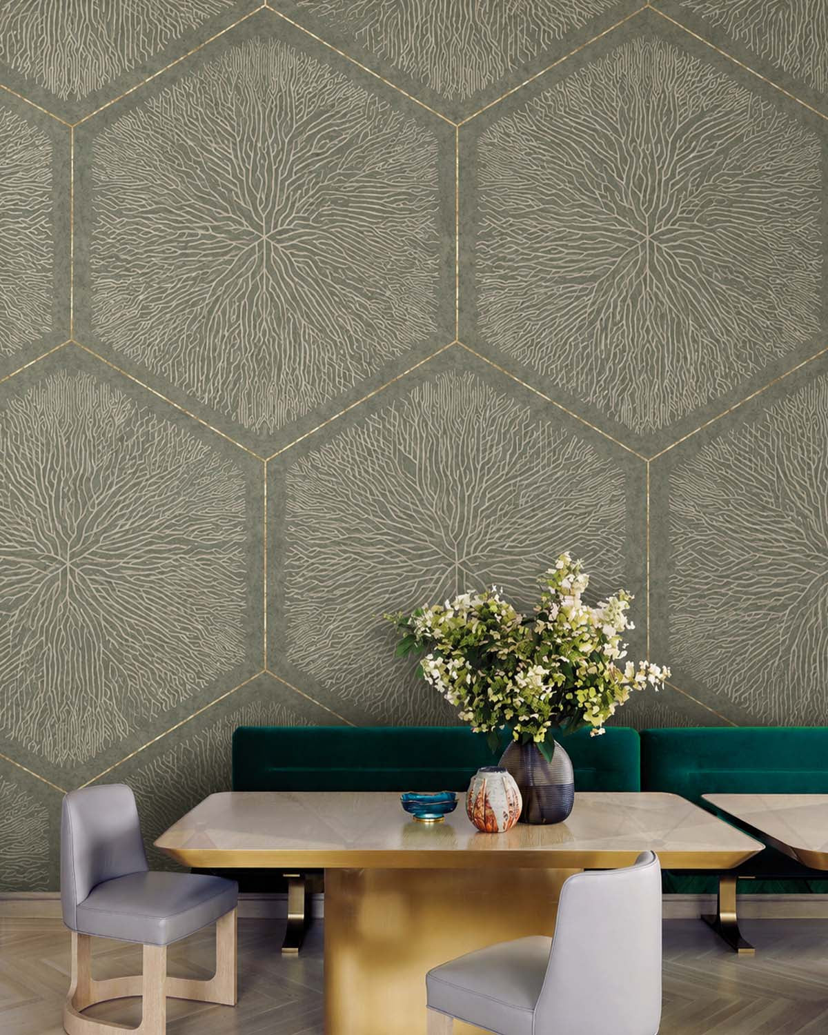Grey Porcelain Geometric Hexagonal Nature Mural M3147