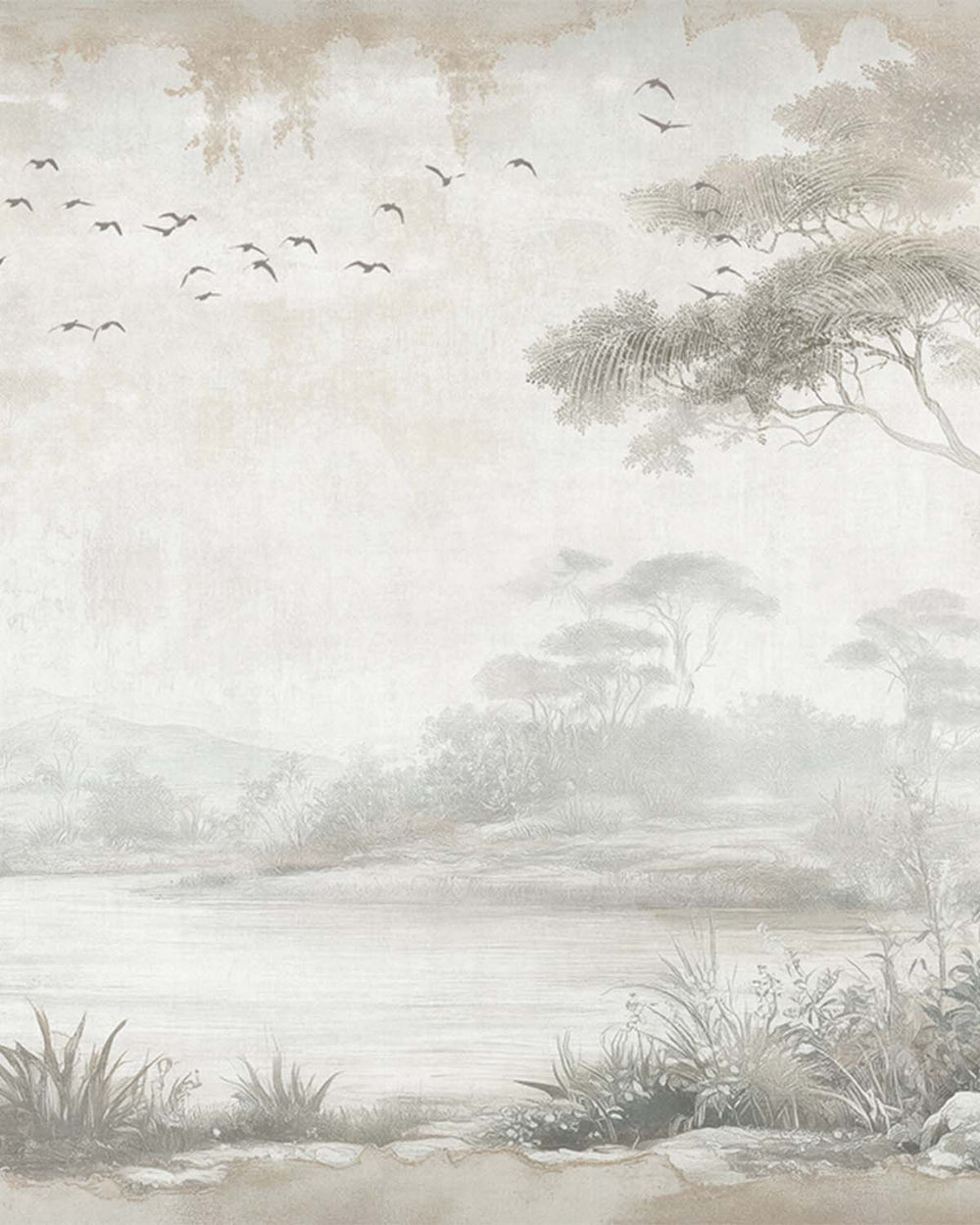 Gallery Grey Vintage Botanical Exotic Lagoon Mural M3155