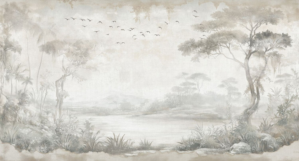 Gallery Grey Vintage Botanical Exotic Lagoon Mural M3155