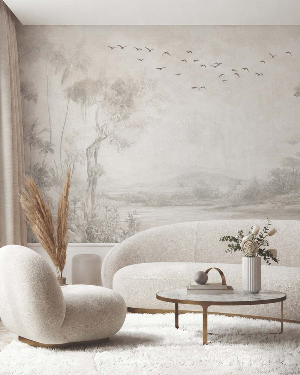 Gallery Grey Vintage Botanical Exotic Lagoon Mural M3155