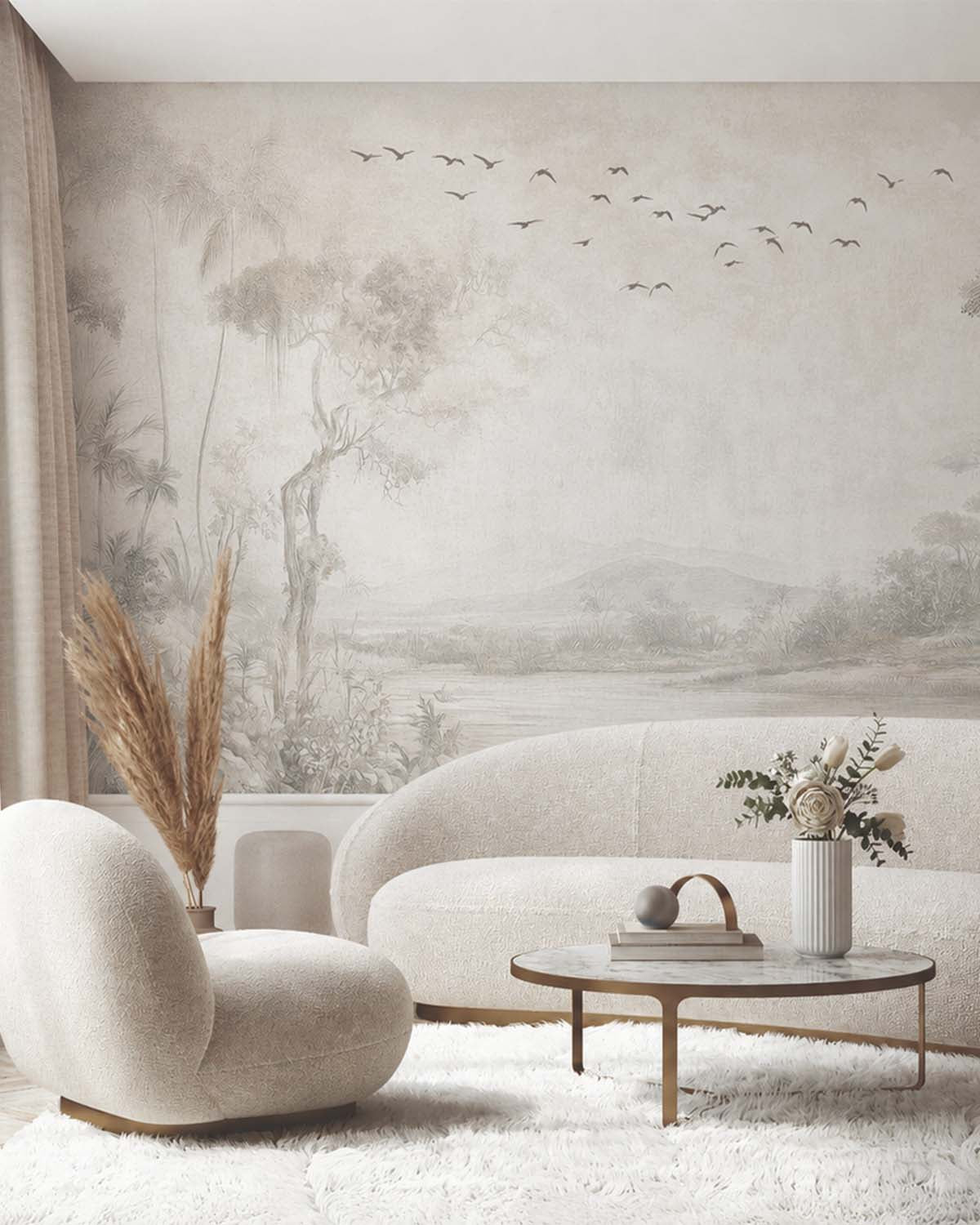 Gallery Grey Vintage Botanical Exotic Lagoon Mural M3155