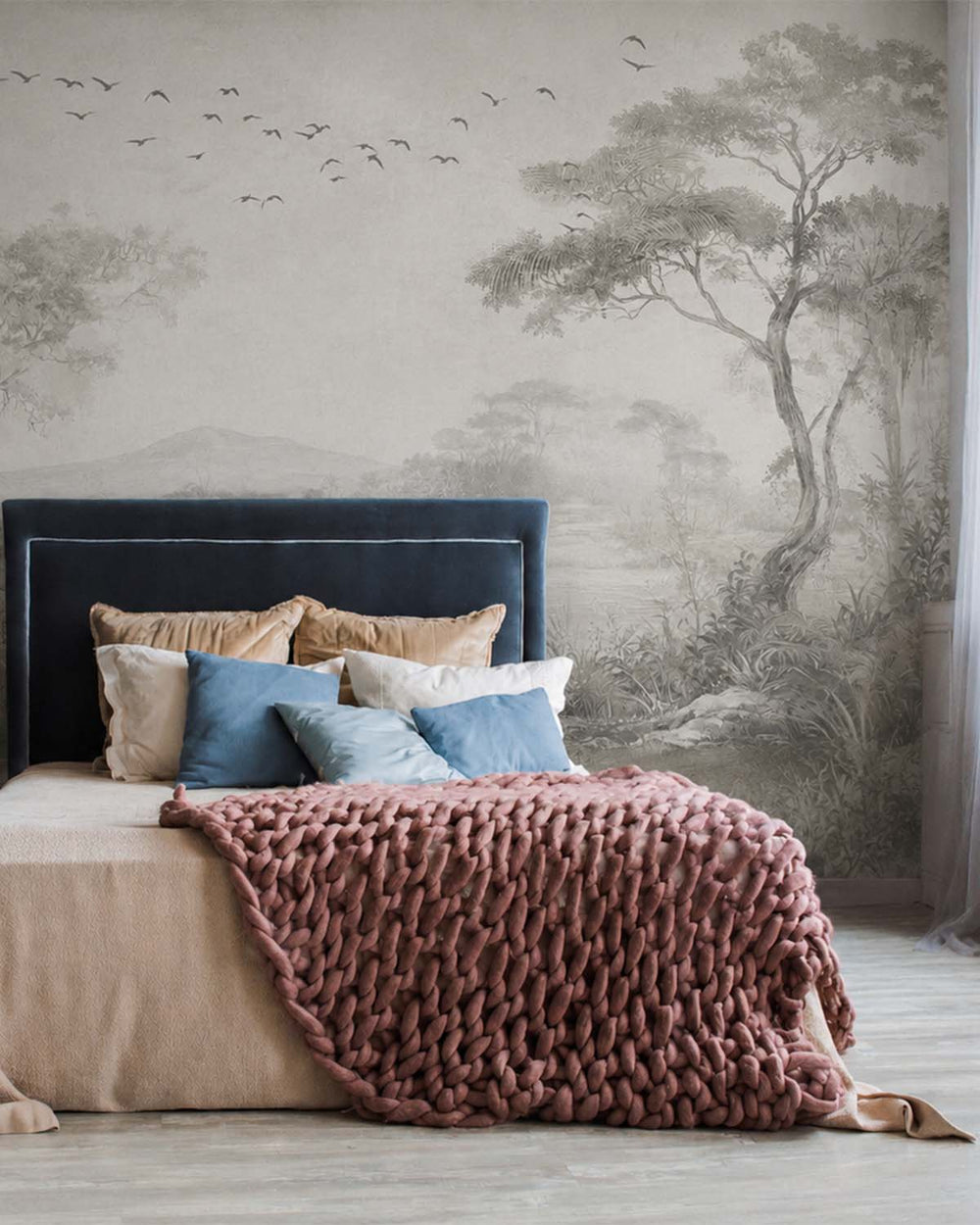 Gallery Grey Vintage Botanical Exotic Lagoon Mural M3155