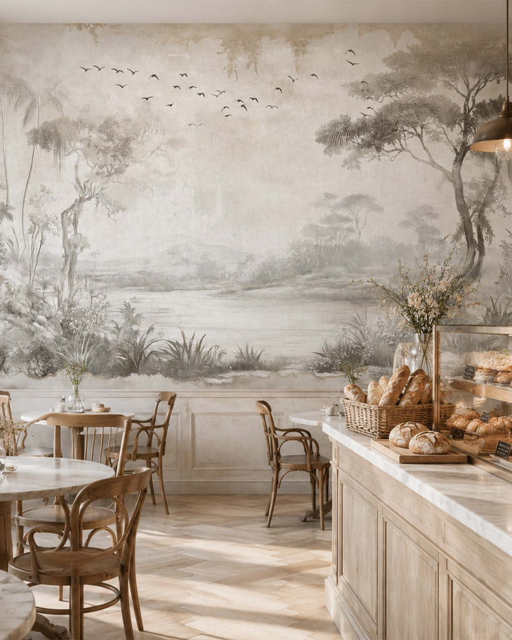 Gallery Grey Vintage Botanical Exotic Lagoon Mural M3155