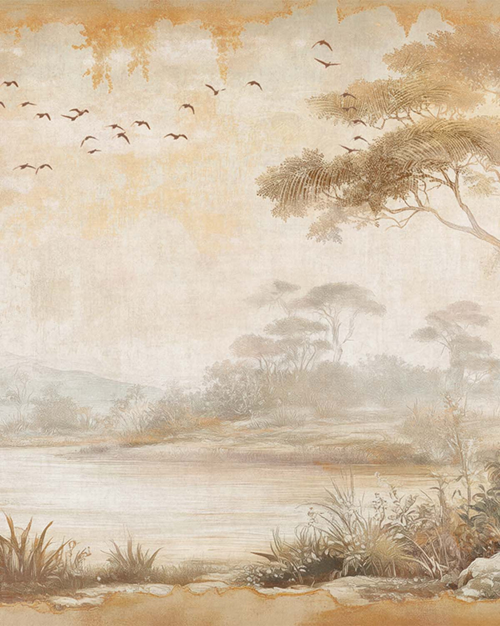 Cinnamon Sand Vintage Botanical Exotic Lagoon Mural M3156