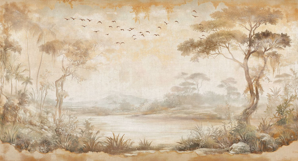 Cinnamon Sand Vintage Botanical Exotic Lagoon Mural M3156