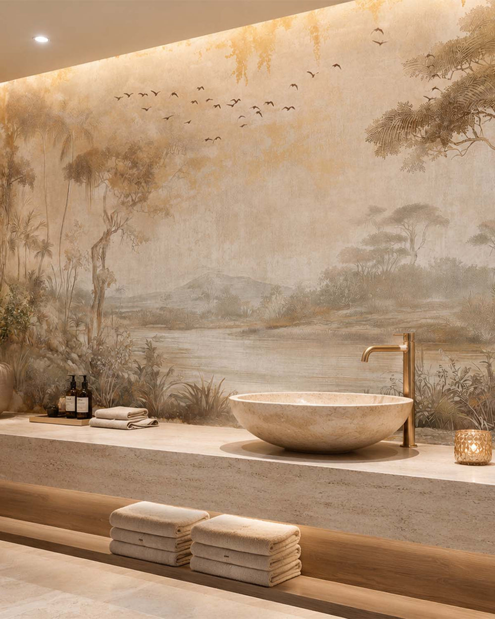 Cinnamon Sand Vintage Botanical Exotic Lagoon Mural M3156