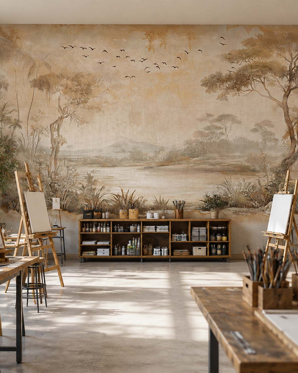 Cinnamon Sand Vintage Botanical Exotic Lagoon Mural M3156