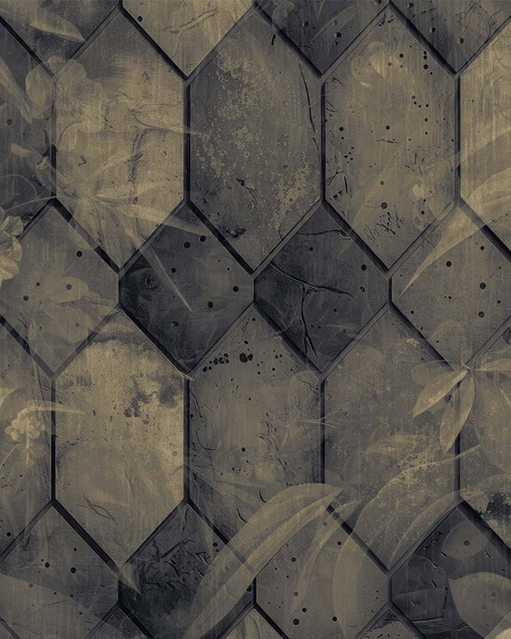 Anthracite Tropical Banana Leaf & Concrete Hexagon Geometric Mural M3157