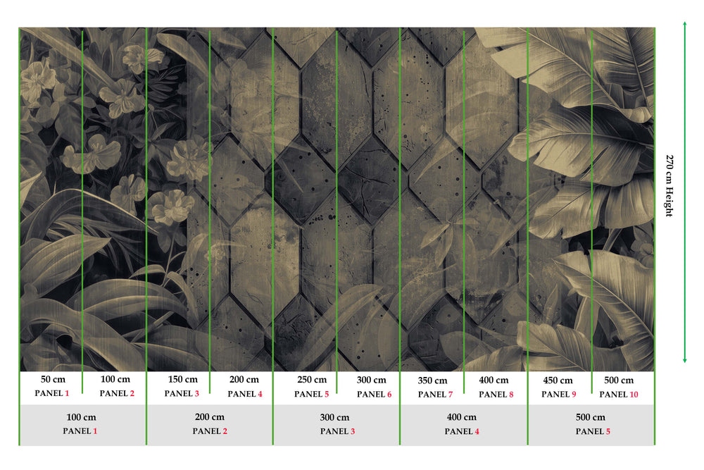 Anthracite Tropical Banana Leaf & Concrete Hexagon Geometric Mural M3157