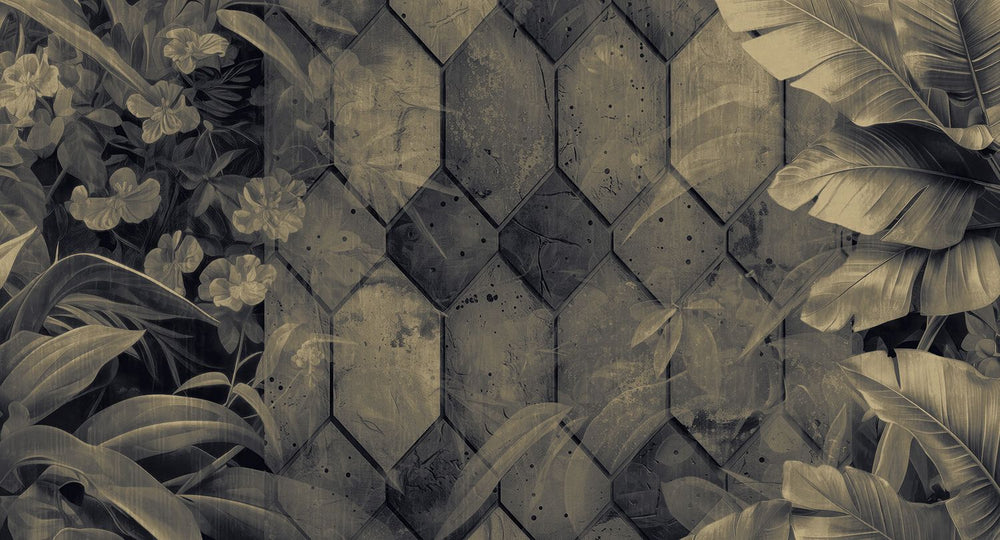 Anthracite Tropical Banana Leaf & Concrete Hexagon Geometric Mural M3157