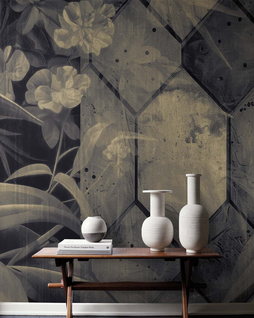 Anthracite Tropical Banana Leaf & Concrete Hexagon Geometric Mural M3157
