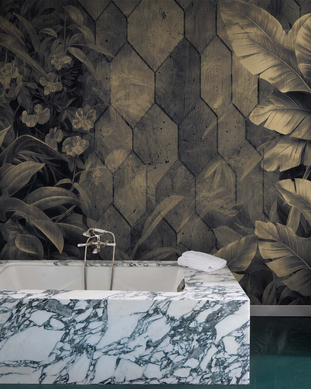 Anthracite Tropical Banana Leaf & Concrete Hexagon Geometric Mural M3157