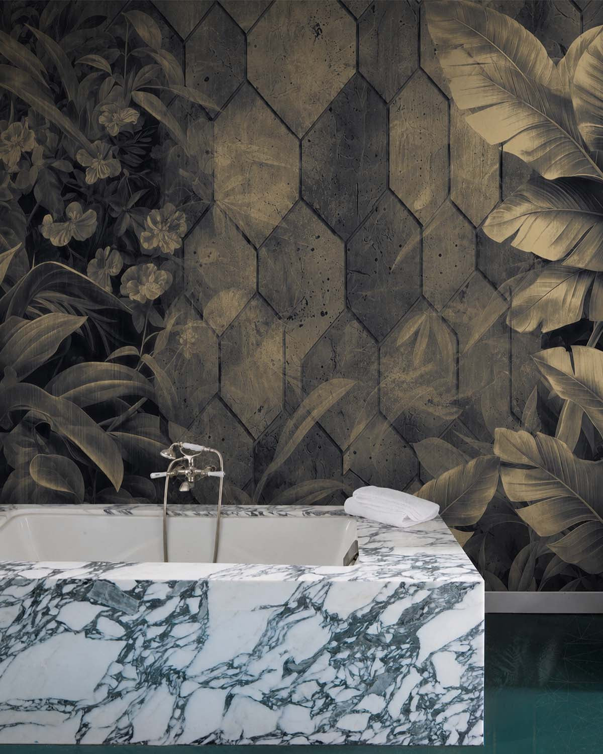 Anthracite Tropical Banana Leaf & Concrete Hexagon Geometric Mural M3157