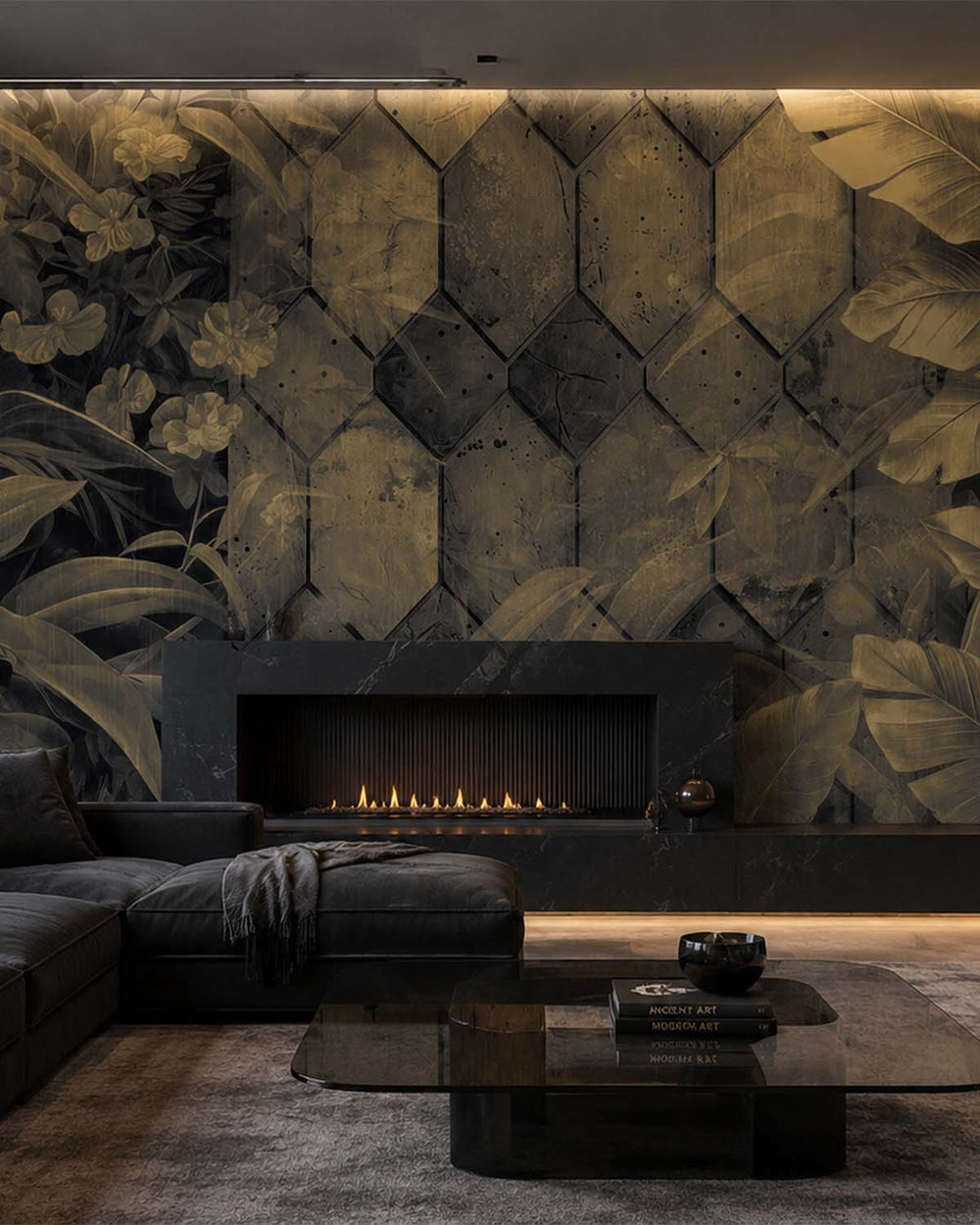 Anthracite Tropical Banana Leaf & Concrete Hexagon Geometric Mural M3157