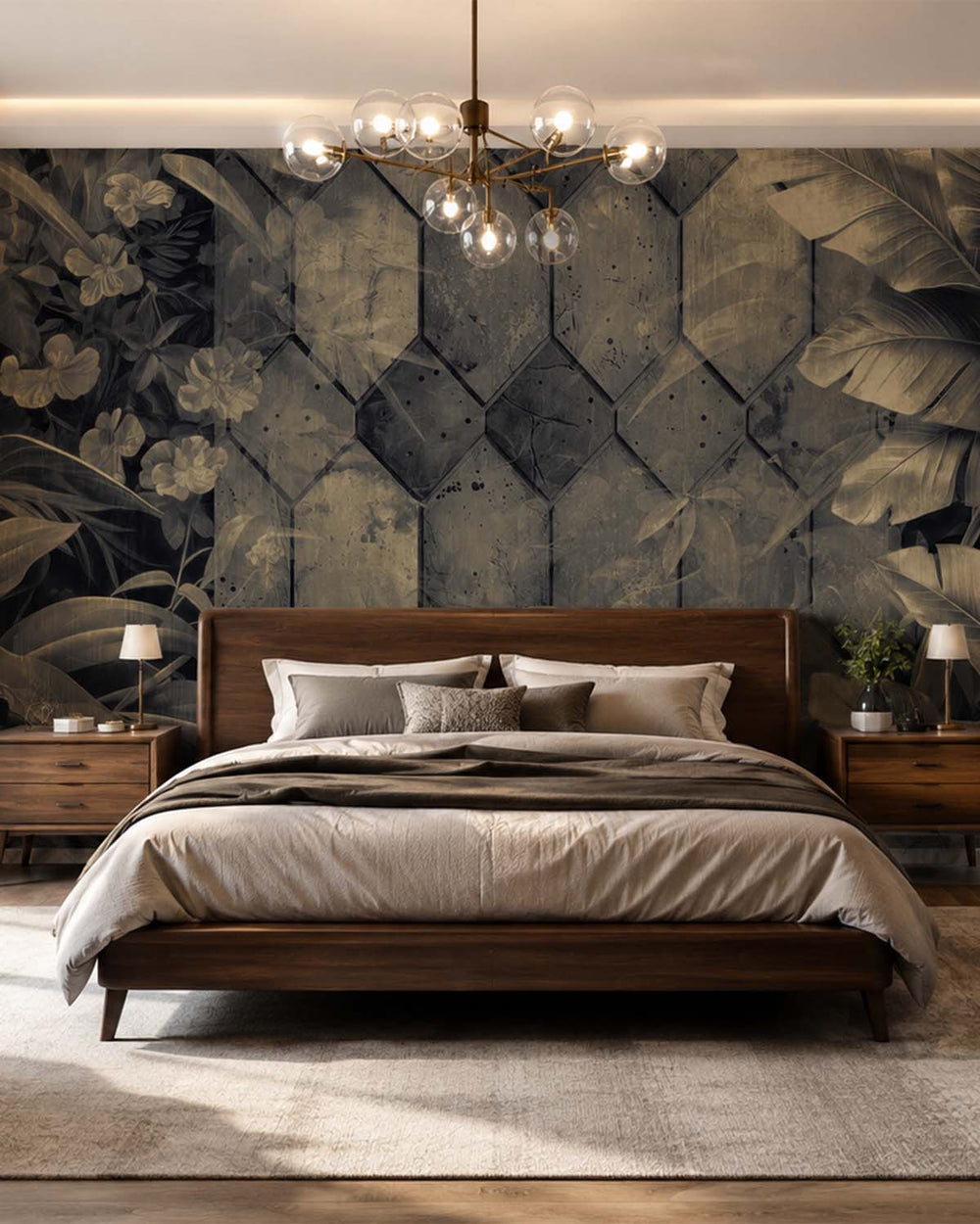 Anthracite Tropical Banana Leaf & Concrete Hexagon Geometric Mural M3157