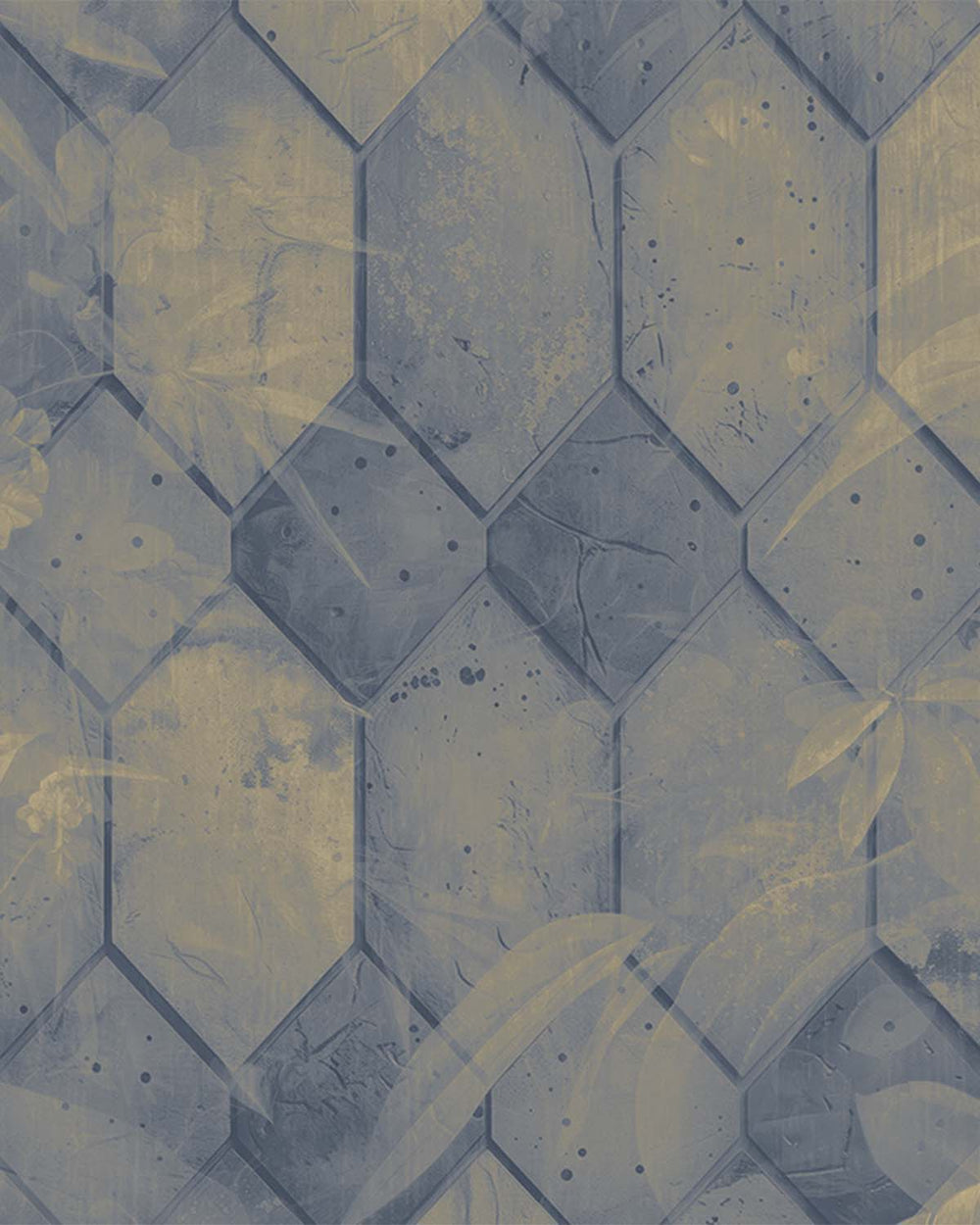 Intermediate Blue Tropical Banana Leaf & Concrete Hexagon Geometric Mural M3158